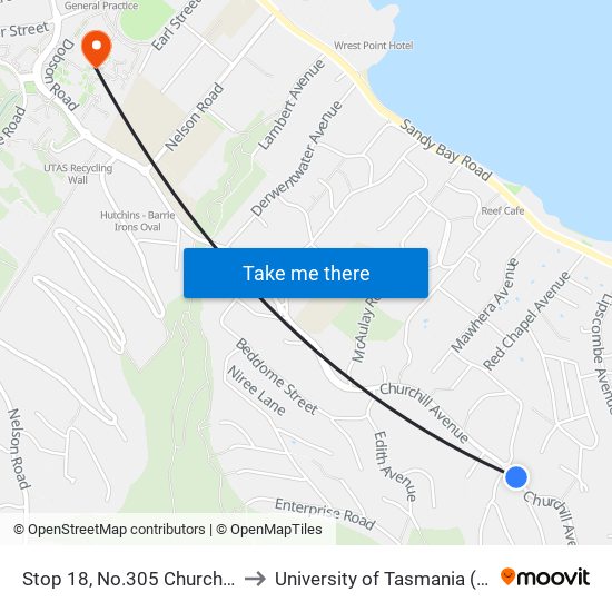 Stop 18, No.305 Churchill Ave to University of Tasmania (UTAS) map