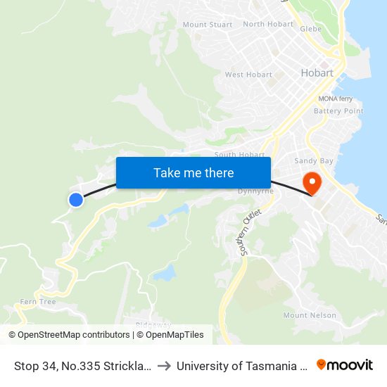 Stop 34, No.335 Strickland Ave to University of Tasmania (UTAS) map