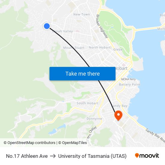 No.17 Athleen Ave to University of Tasmania (UTAS) map