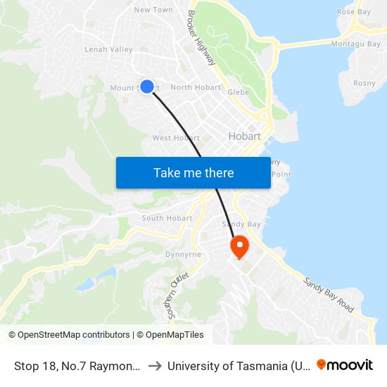Stop 18, No.7 Raymont Tce to University of Tasmania (UTAS) map