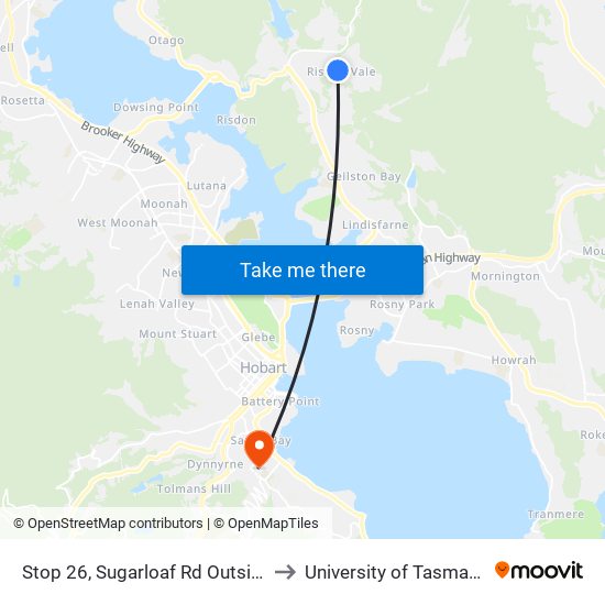 Stop 26, Sugarloaf Rd Outside Duke Park to University of Tasmania (UTAS) map