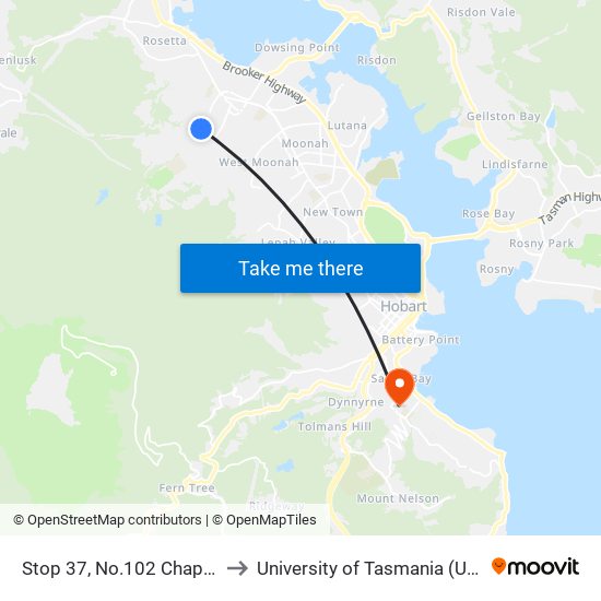 Stop 37, No.102 Chapel St to University of Tasmania (UTAS) map