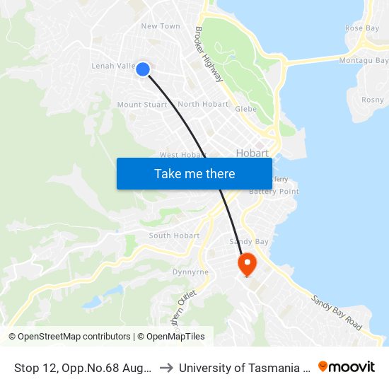Stop 12, Opp.No.68 Augusta Rd to University of Tasmania (UTAS) map