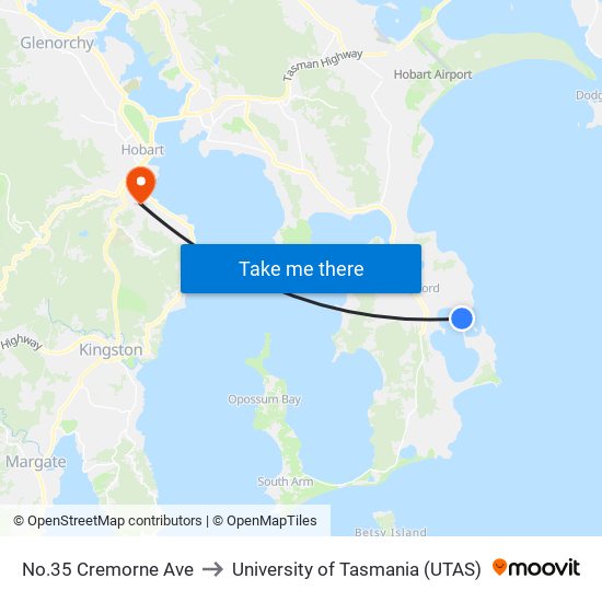 No.35 Cremorne Ave to University of Tasmania (UTAS) map