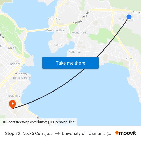 Stop 32, No.76 Currajong St to University of Tasmania (UTAS) map