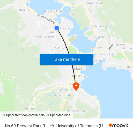 No.69 Derwent Park Road to University of Tasmania (UTAS) map