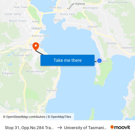 Stop 31, Opp.No.284 Tranmere Rd to University of Tasmania (UTAS) map