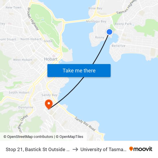 Stop 21, Bastick St Outside Rosny College to University of Tasmania (UTAS) map