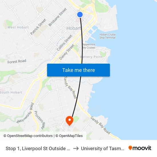 Stop 1, Liverpool St Outside Menzies Centre to University of Tasmania (UTAS) map