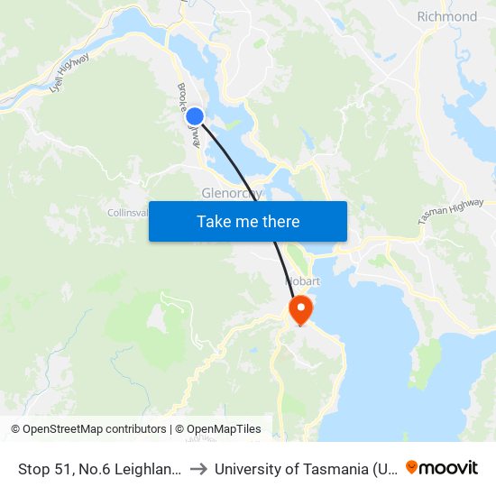 Stop 51, No.6 Leighland Rd to University of Tasmania (UTAS) map