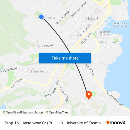 Stop 16, Lansdowne Cr (Primary School) to University of Tasmania (UTAS) map