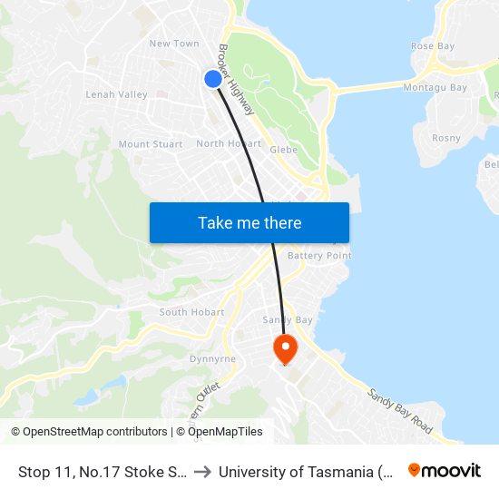 Stop 11, No.17 Stoke Street to University of Tasmania (UTAS) map