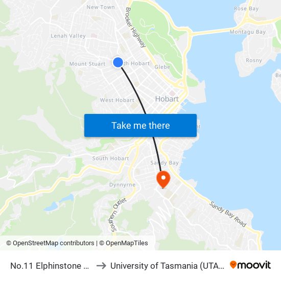 No.11 Elphinstone Rd to University of Tasmania (UTAS) map