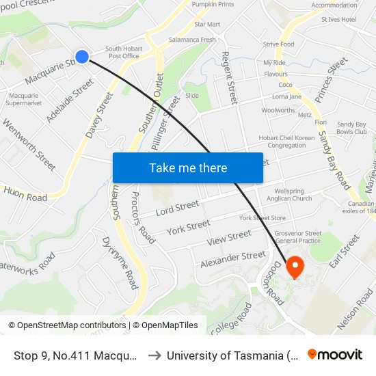 Stop 9, No.411 Macquarie St to University of Tasmania (UTAS) map