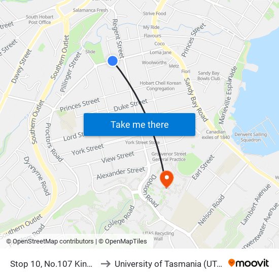 Stop 10, No.107 King St to University of Tasmania (UTAS) map