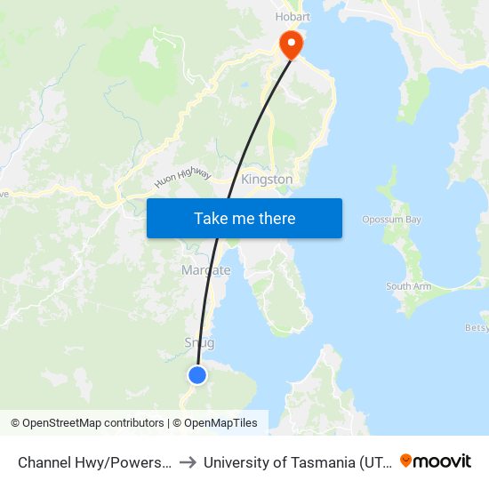 Channel Hwy/Powers Rd to University of Tasmania (UTAS) map