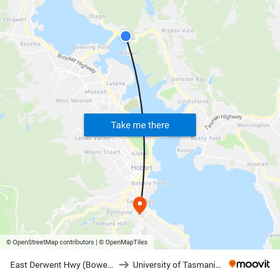 East Derwent Hwy (Bowen Bridge) to University of Tasmania (UTAS) map
