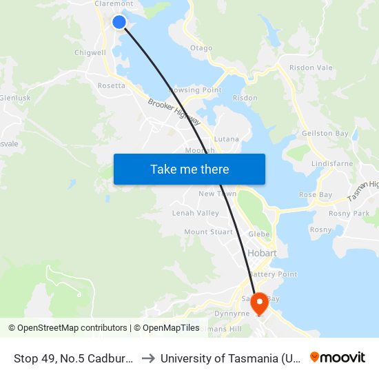 Stop 49, No.5 Cadbury Rd to University of Tasmania (UTAS) map