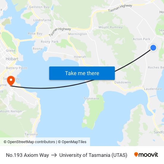 No.193 Axiom Way to University of Tasmania (UTAS) map