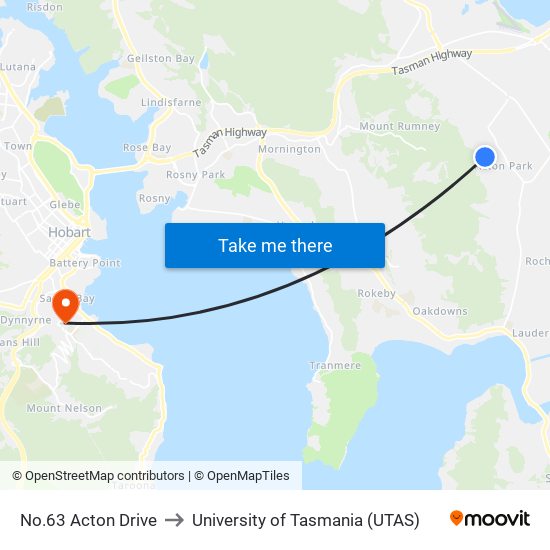 No.63 Acton Drive to University of Tasmania (UTAS) map
