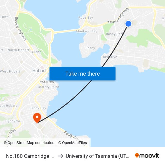 No.180 Cambridge Rd to University of Tasmania (UTAS) map