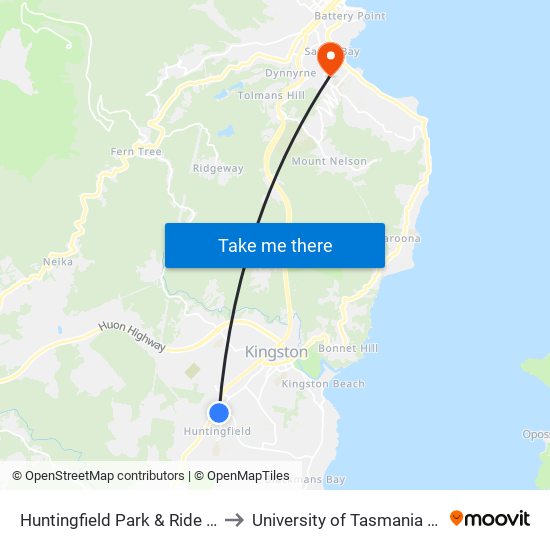 Huntingfield Park & Ride Stop A to University of Tasmania (UTAS) map