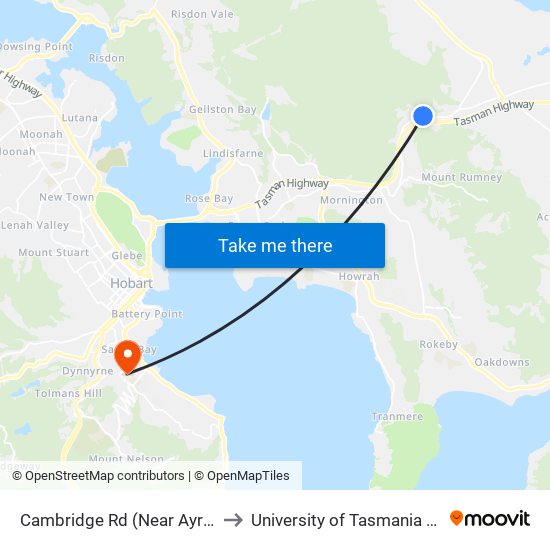 Cambridge Rd (Near Ayres Crt) to University of Tasmania (UTAS) map