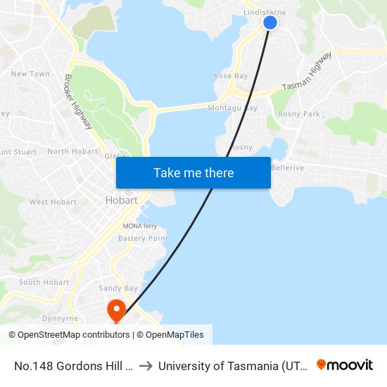 No.148 Gordons Hill Rd to University of Tasmania (UTAS) map