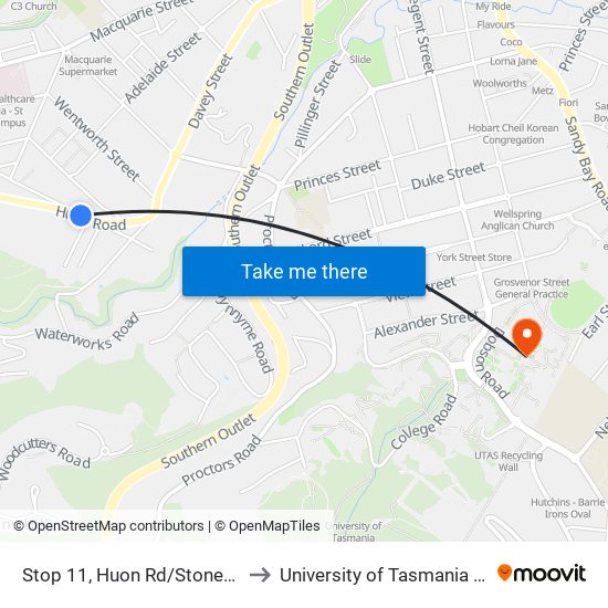 Stop 11, Huon Rd/Stoney Steps to University of Tasmania (UTAS) map