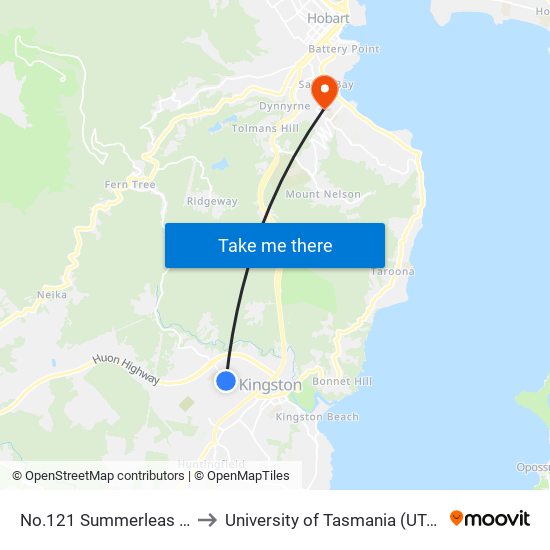 No.121 Summerleas Rd to University of Tasmania (UTAS) map