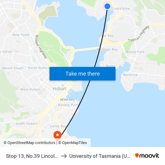 Stop 13, No.39 Lincoln St to University of Tasmania (UTAS) map