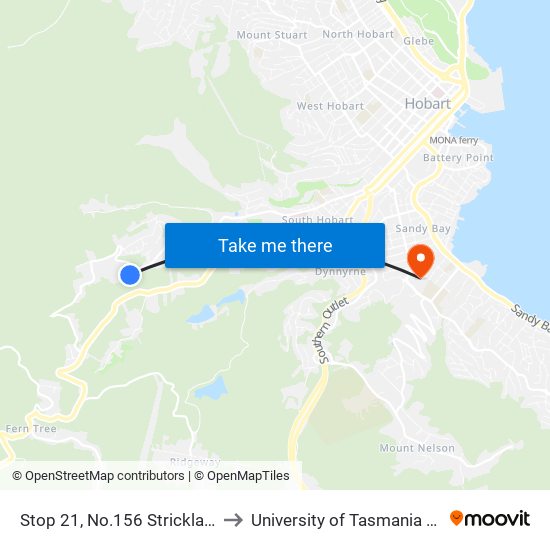 Stop 21, No.156 Strickland Ave to University of Tasmania (UTAS) map