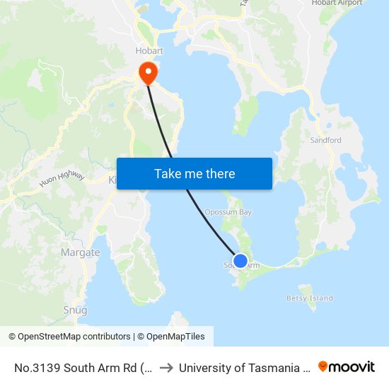 No.3139 South Arm Rd (Shops) to University of Tasmania (UTAS) map