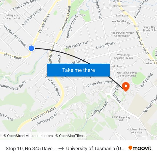 Stop 10, No.345 Davey St to University of Tasmania (UTAS) map