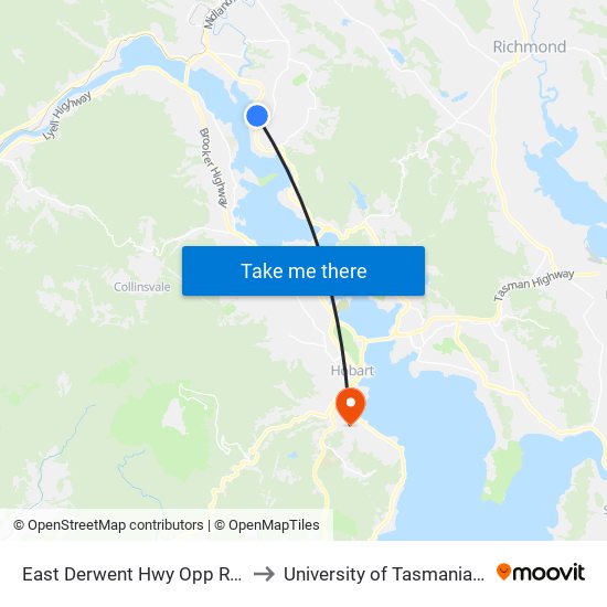 East Derwent Hwy Opp Riviera Dr to University of Tasmania (UTAS) map