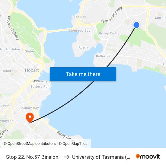 Stop 22, No.57 Binalong Rd to University of Tasmania (UTAS) map