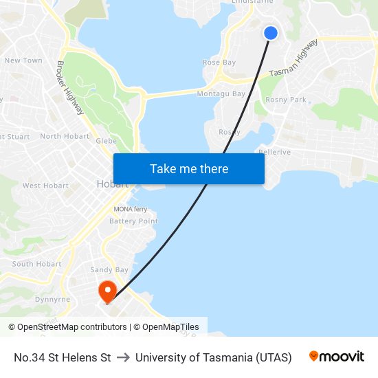 No.34 St Helens St to University of Tasmania (UTAS) map