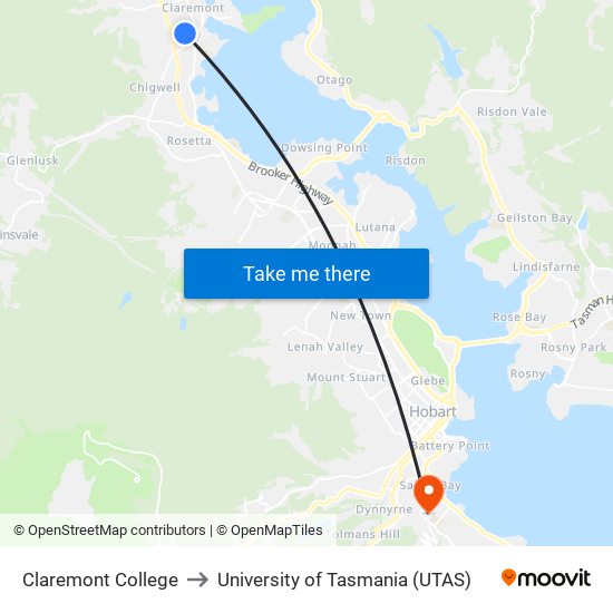 Claremont College to University of Tasmania (UTAS) map