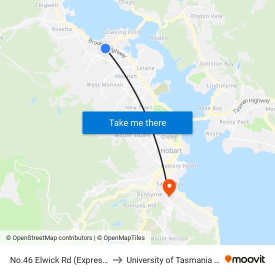 No.46 Elwick Rd (Express Stop) to University of Tasmania (UTAS) map