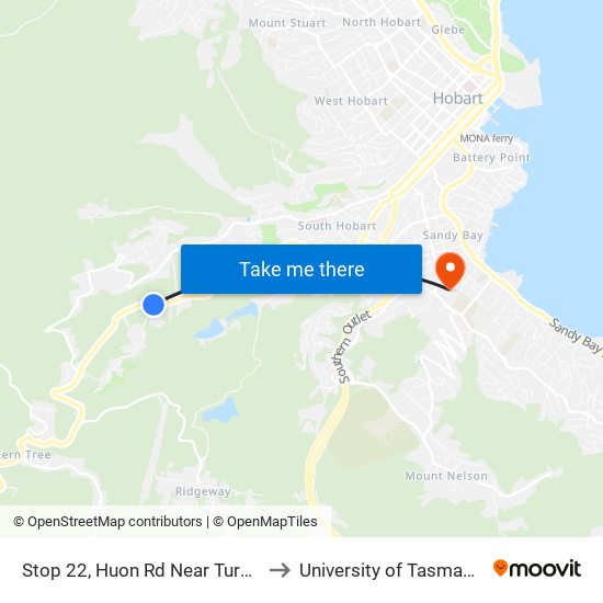 Stop 22, Huon Rd Near Turnip Fields Rd to University of Tasmania (UTAS) map