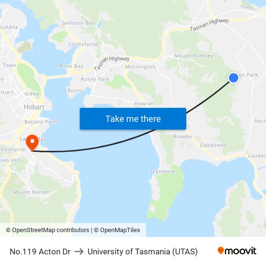 No.119 Acton Dr to University of Tasmania (UTAS) map