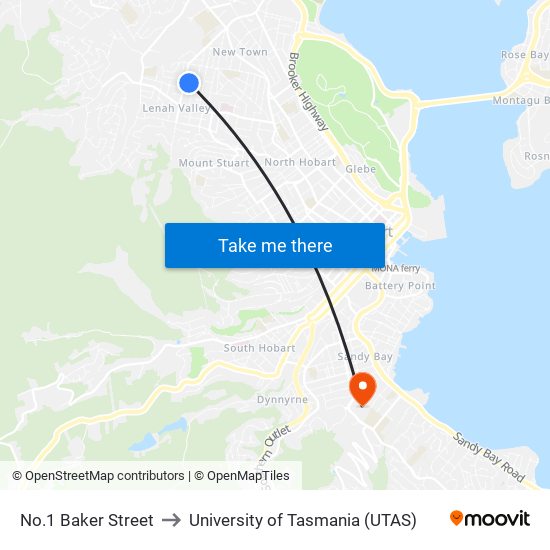 No.1 Baker Street to University of Tasmania (UTAS) map