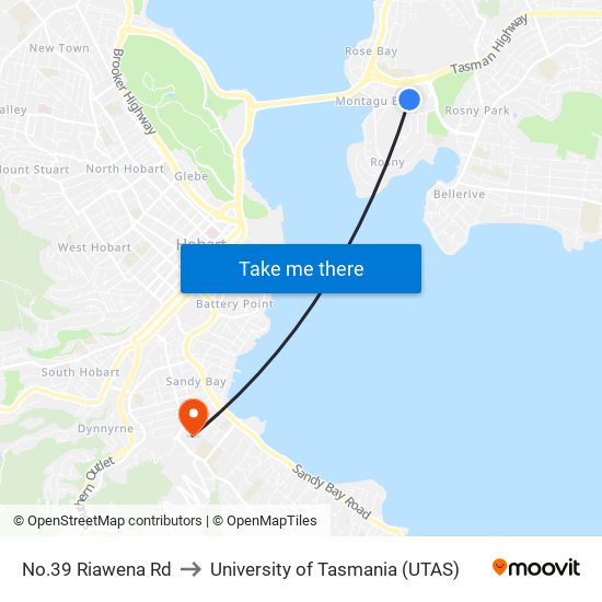 No.39 Riawena Rd to University of Tasmania (UTAS) map