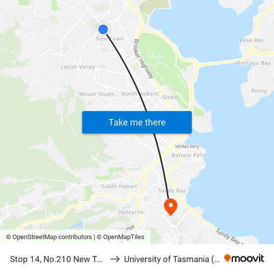 Stop 14, No.210 New Town Rd to University of Tasmania (UTAS) map