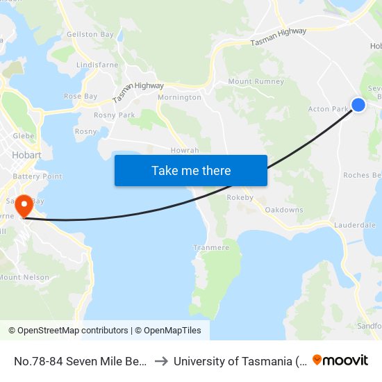 No.78-84 Seven Mile Beach Rd to University of Tasmania (UTAS) map