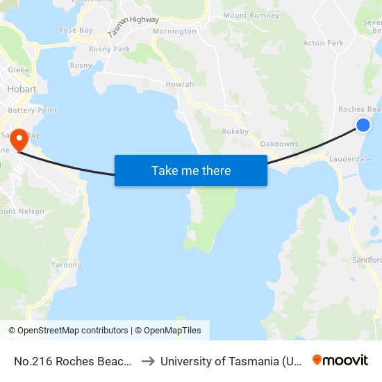 No.216 Roches Beach Rd to University of Tasmania (UTAS) map