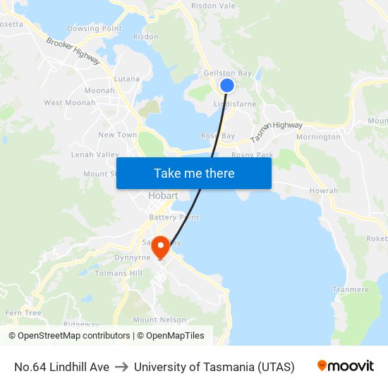 No.64 Lindhill Ave to University of Tasmania (UTAS) map
