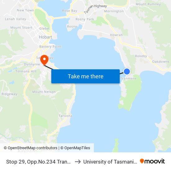 Stop 29, Opp.No.234 Tranmere Road to University of Tasmania (UTAS) map