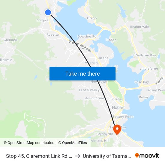 Stop 45, Claremont Link Rd (South Side) to University of Tasmania (UTAS) map