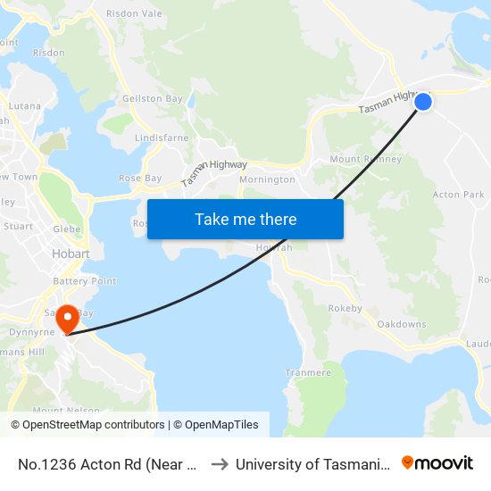 No.1236 Acton Rd (Near Cilwen Rd) to University of Tasmania (UTAS) map